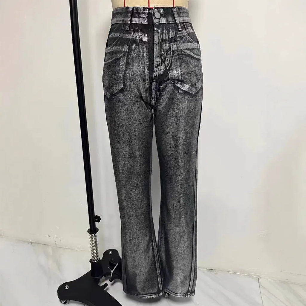 Blue high waist straight-leg denim jeans with contrast details on a neutral background.