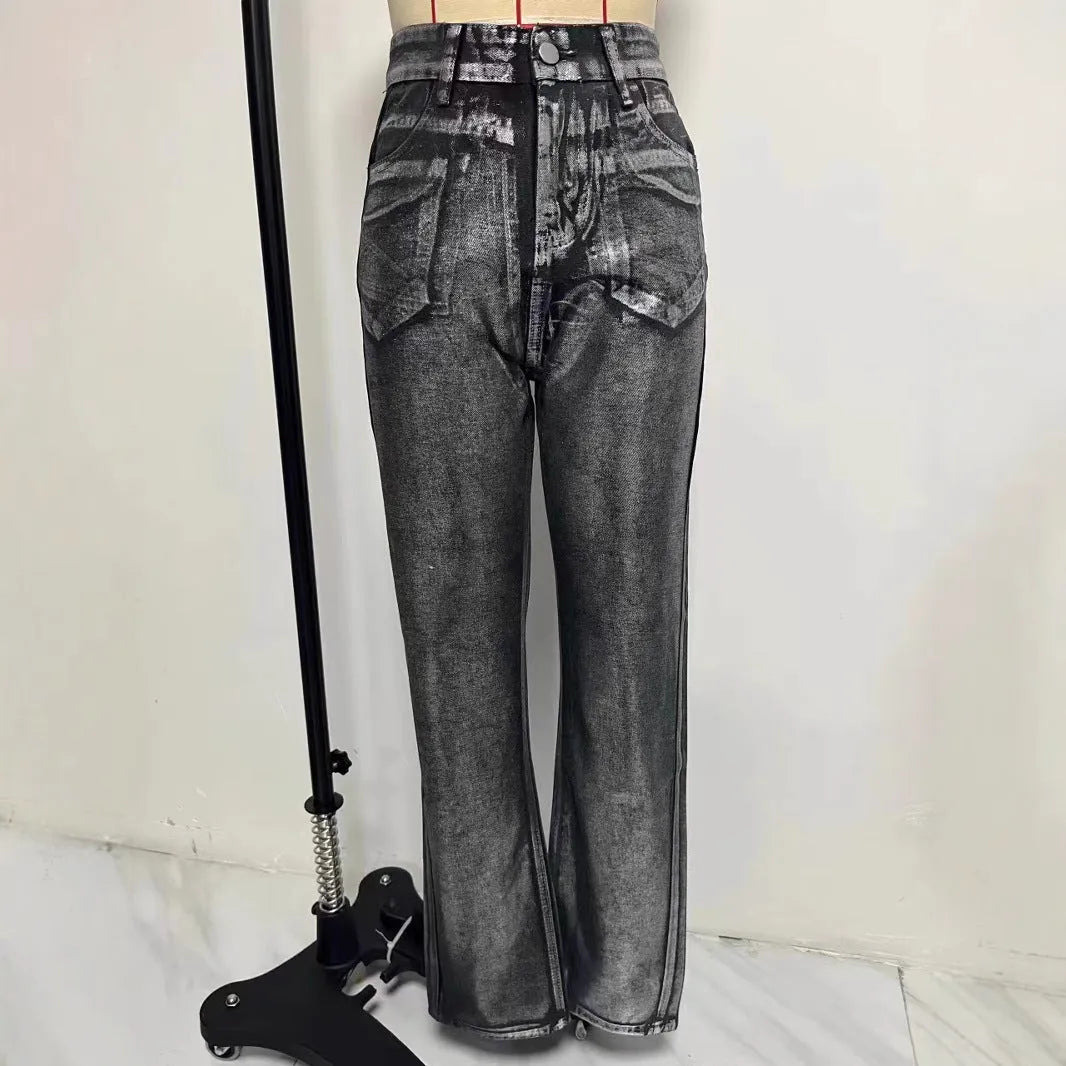 Blue high waist straight-leg denim jeans with contrast details on a neutral background.