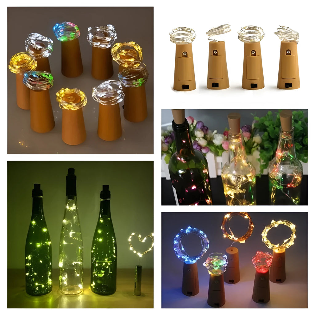 Copper wire LED string light with bottle stopper illuminated in a glass wine bottle.
