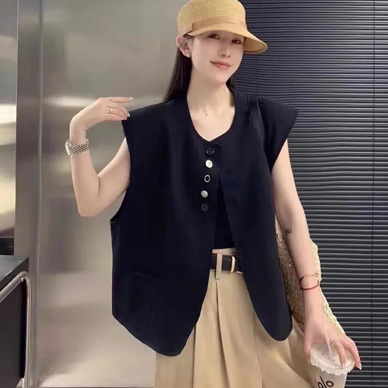 Women's polyester vest in milky white or black with pocket detail and loose fit