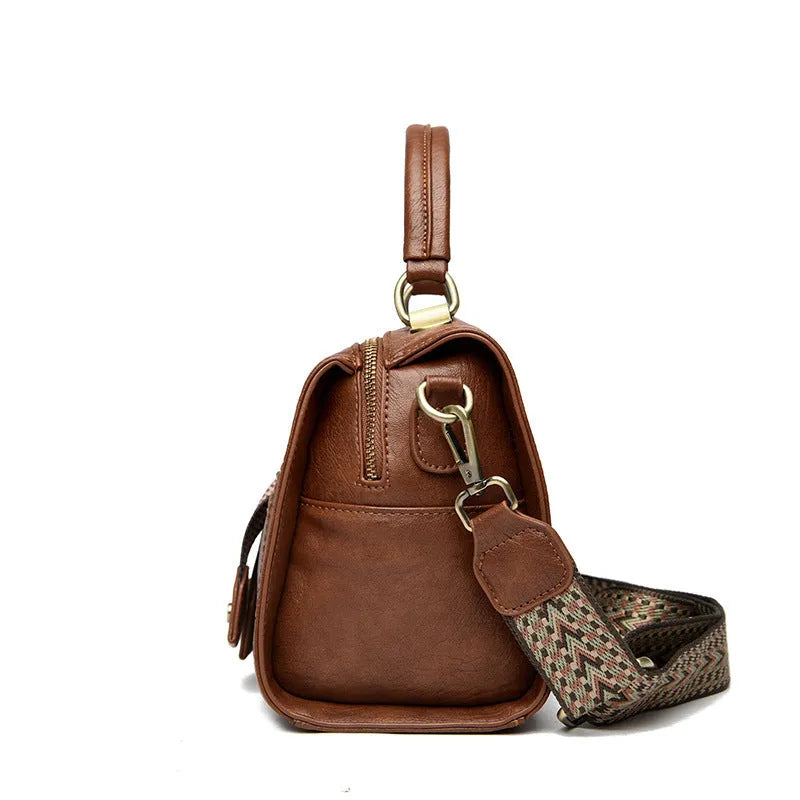 Soft PU leather crossbody bag for women in a horizontal square shape with a sandwich pocket.
