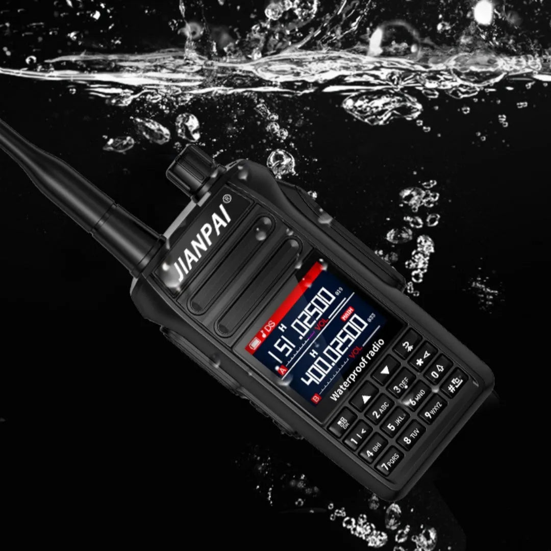 Black Interphone waterproof aviation full band motorcycle communication headset with antenna and accessories.