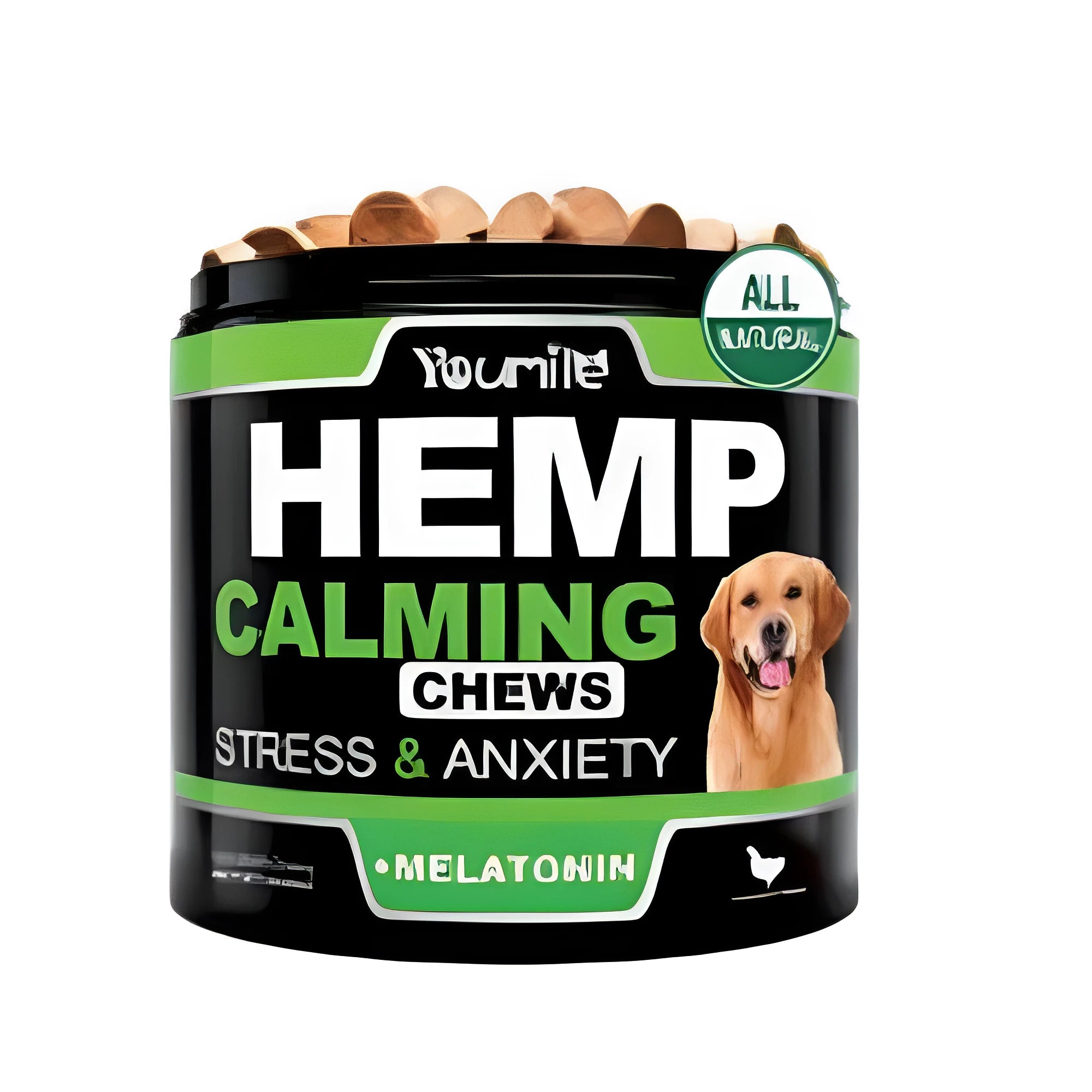 Bottle of 120 calming chew capsules with herbal plant-based supplement formula