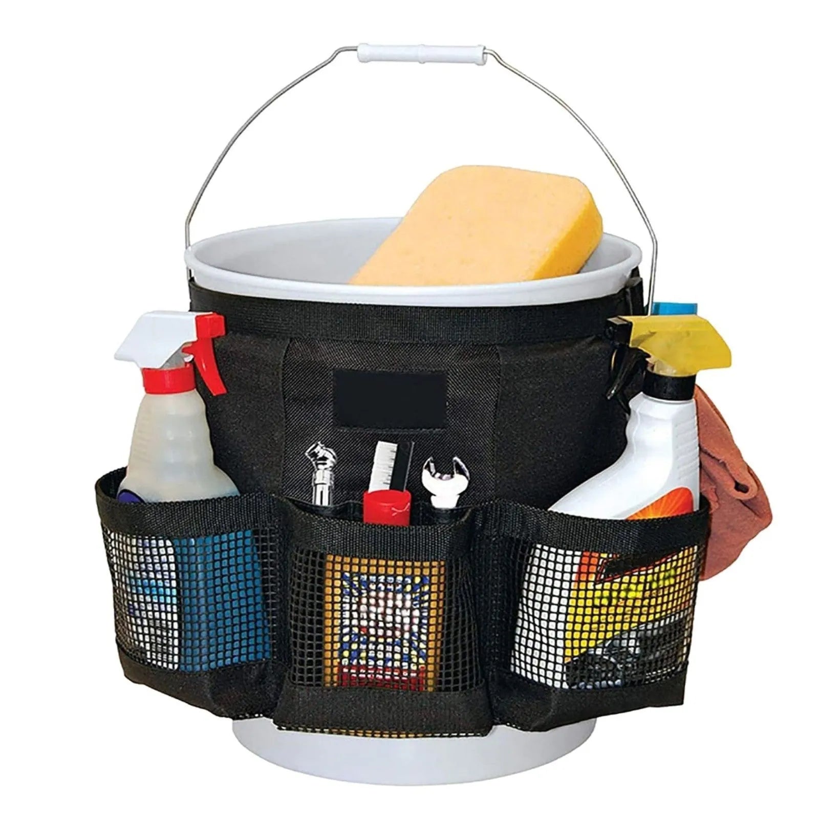 Black polyester hanging storage bag designed for a 5-gallon barrel, showing cylindrical shape.