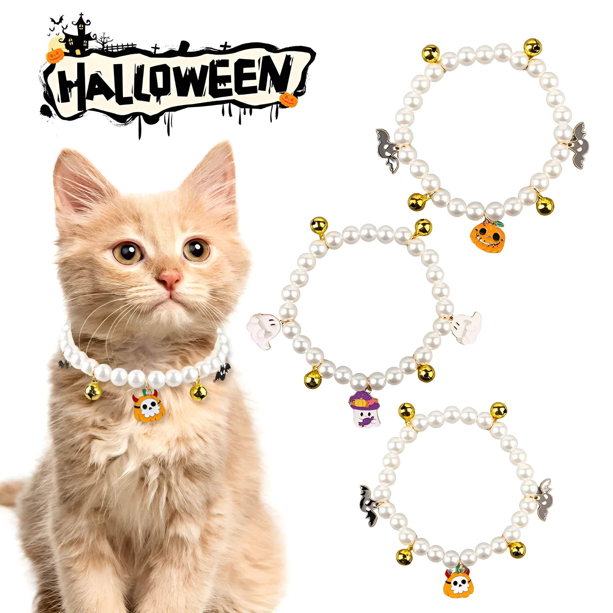Halloween cat collar with simulated pearl necklace decoration in pumpkin designs