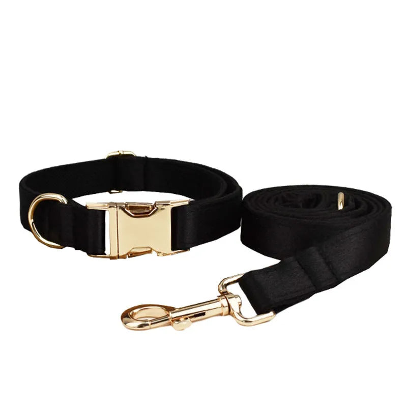 Cloth dog collar and leash set with matching harness vest and decorative bow in assorted colours.