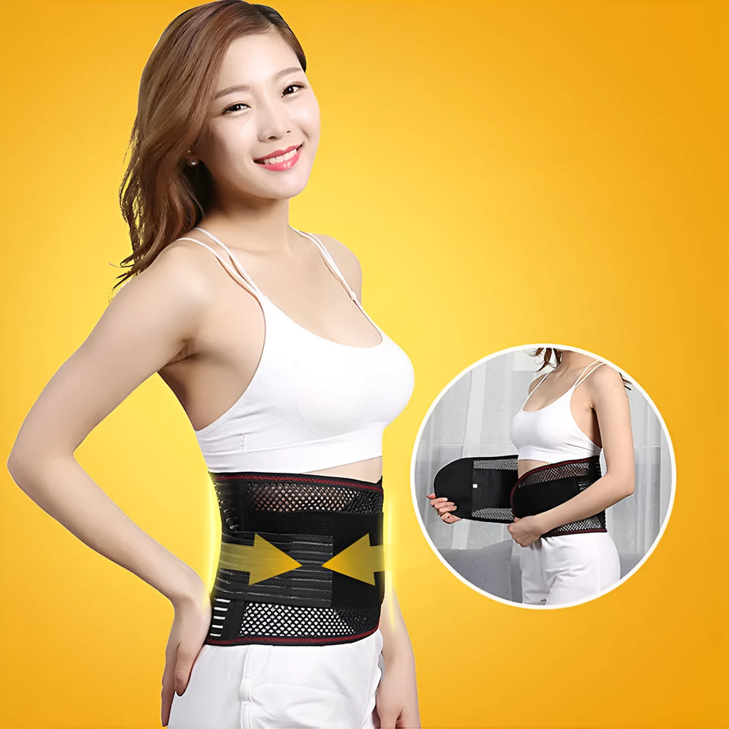Black sports waist support belt with steel plate for decompression, shown on a model.