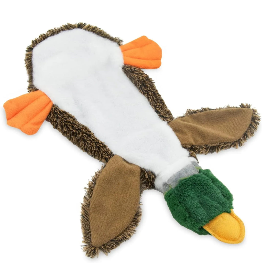 Green stuffless plush dog toy shaped like a wild duck with two squeakers.