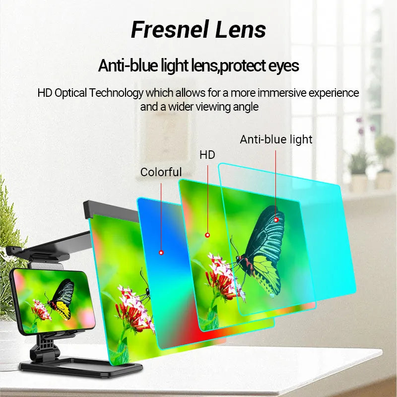 Black folding mobile phone screen amplifier with detachable holder showing 3-4x magnification