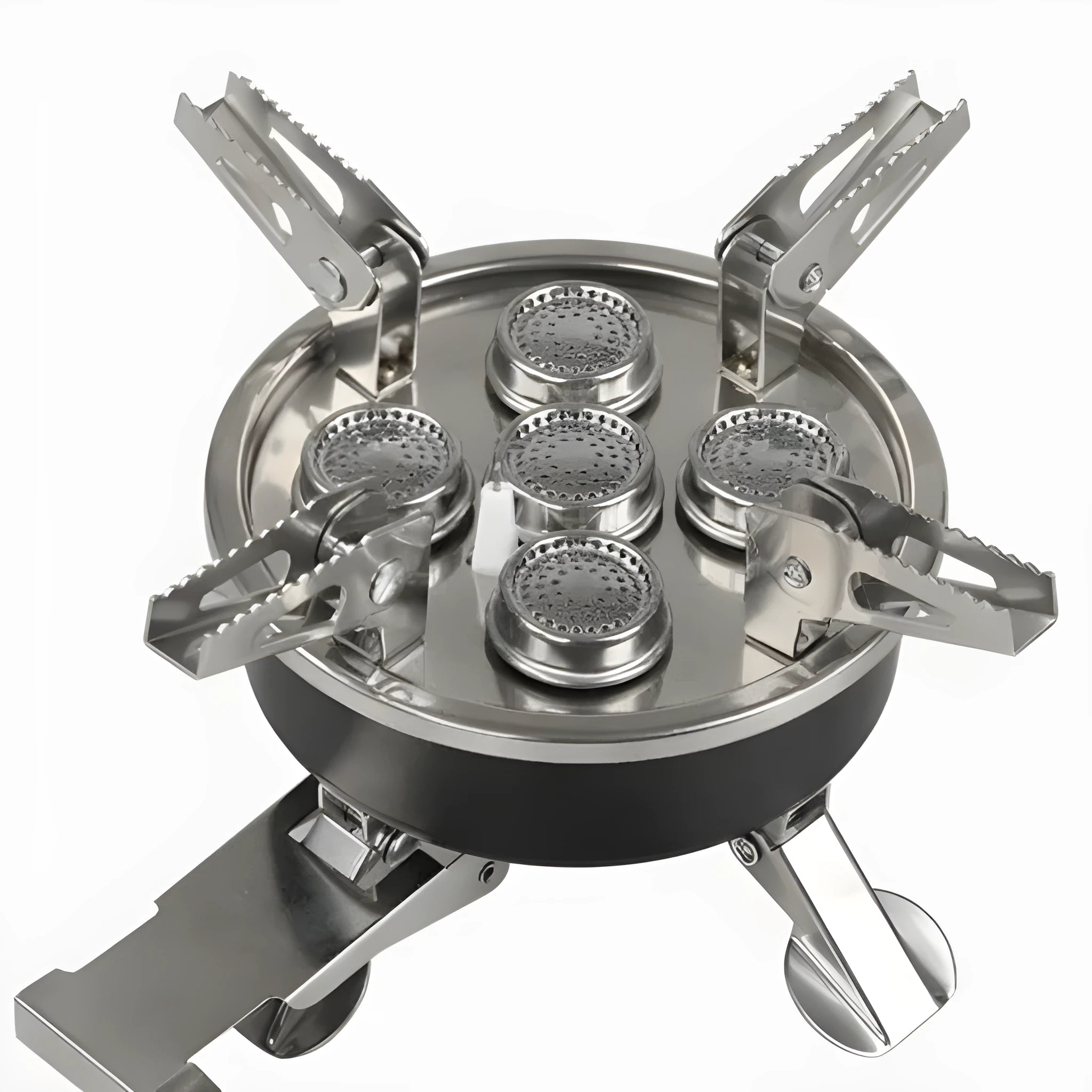 Silver foldable split camping stove with extended gas hose on a grey background