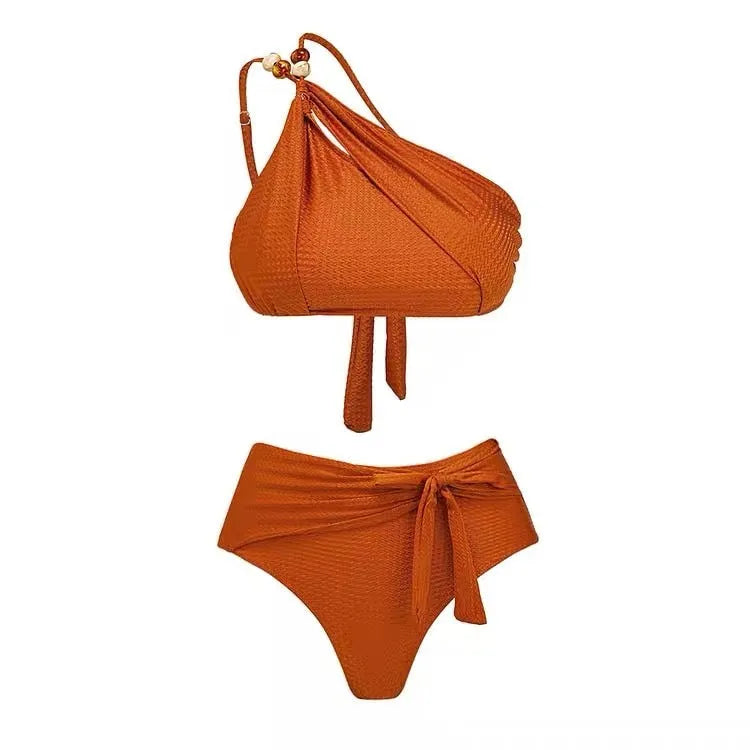 Women's high waist push up bikini swimsuit with chiffon dress in black, brown, or green.