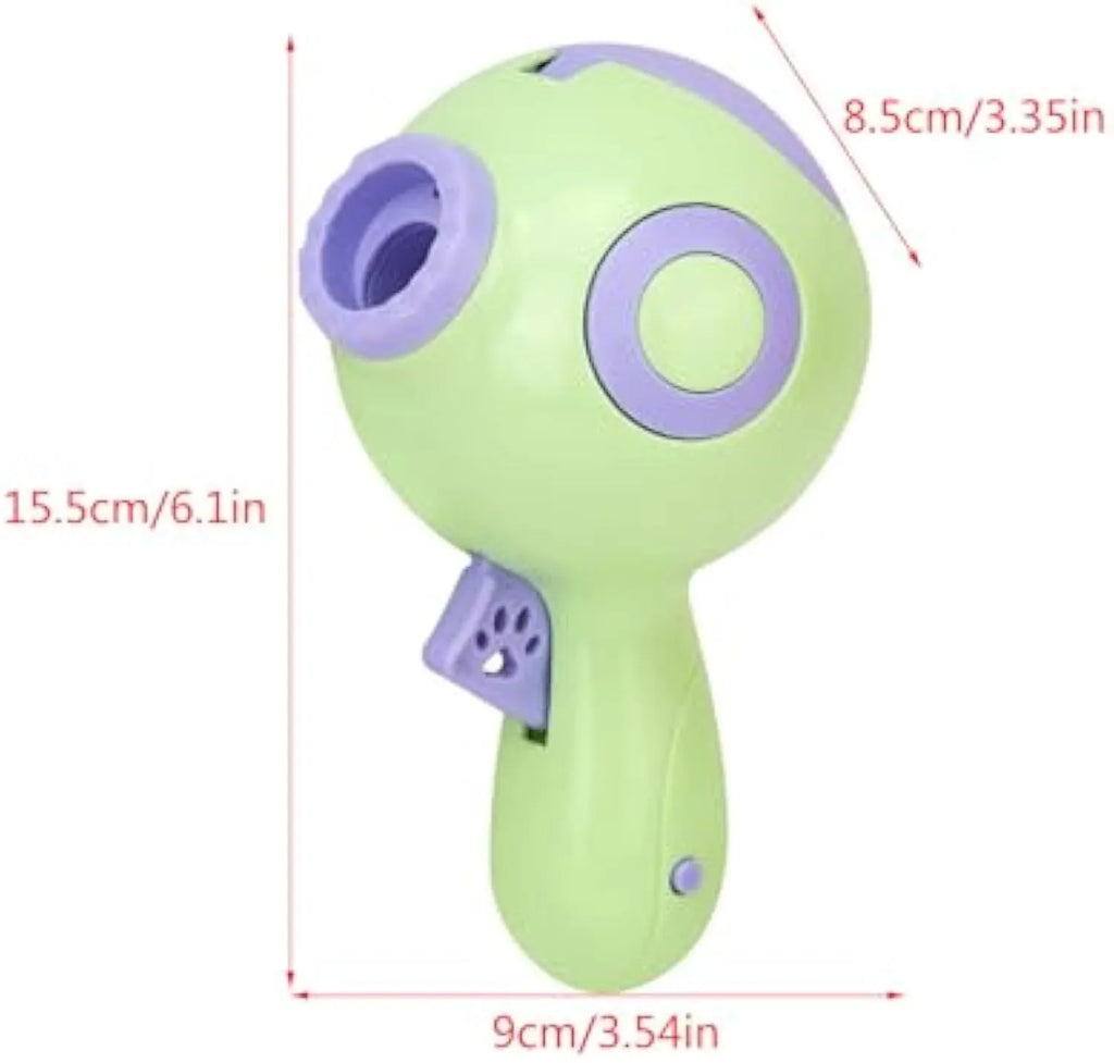 Green pet treat launchers toy showing treat dispensing mechanism and remote feeding function
