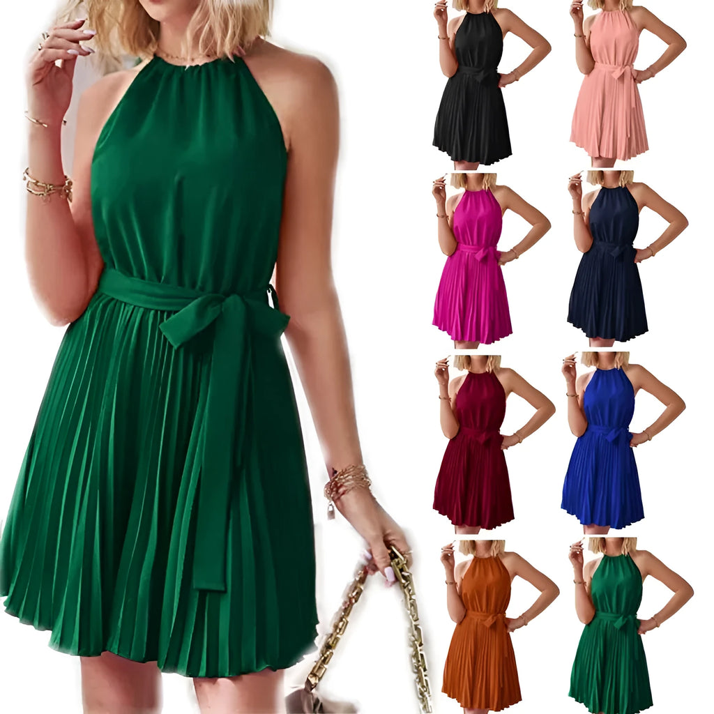 Women's black halter neck strapless sundress with pleated midi skirt and adjustable waist belt