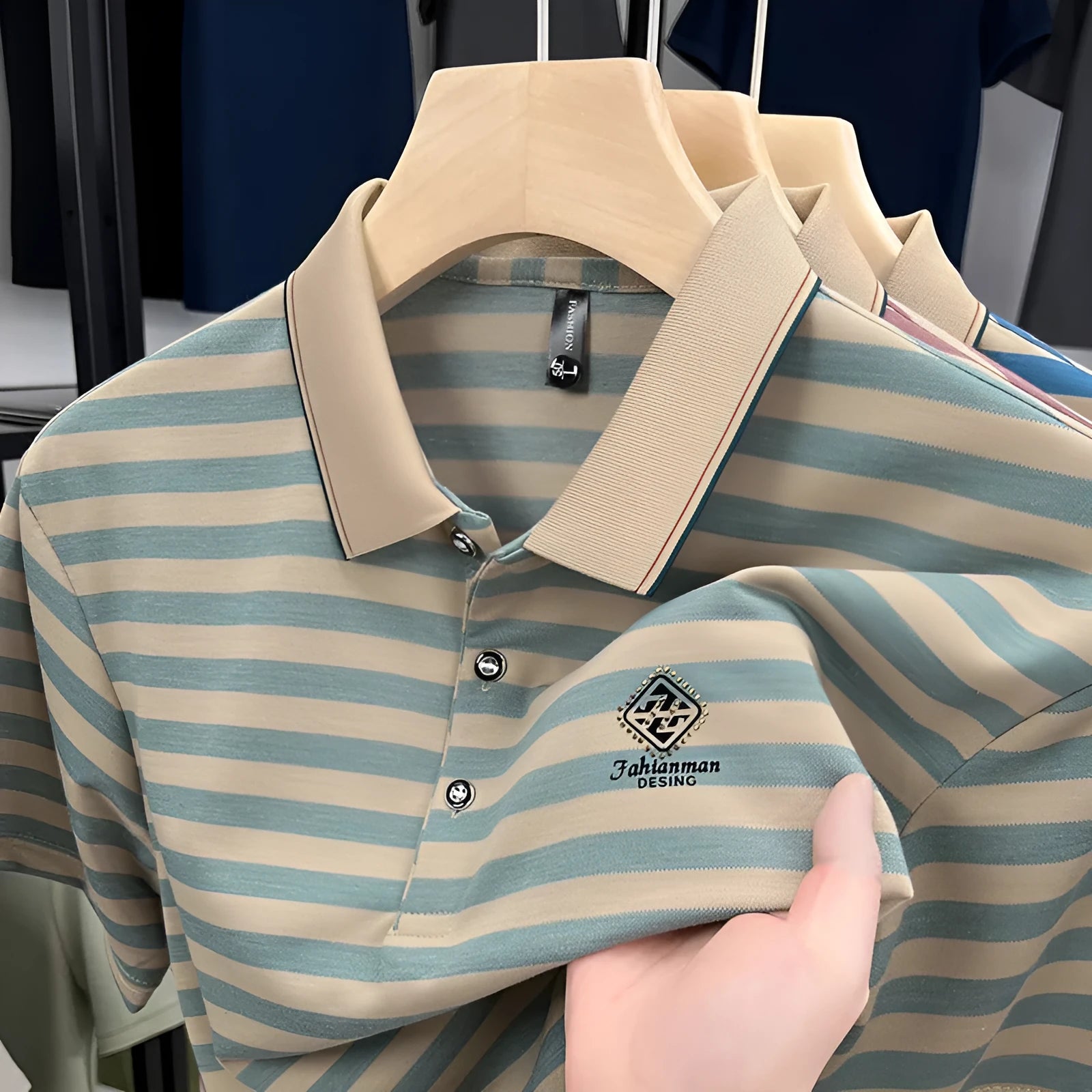 Men's striped casual short sleeve shirt with mosaic pattern detail in red, blue, or green colour options.