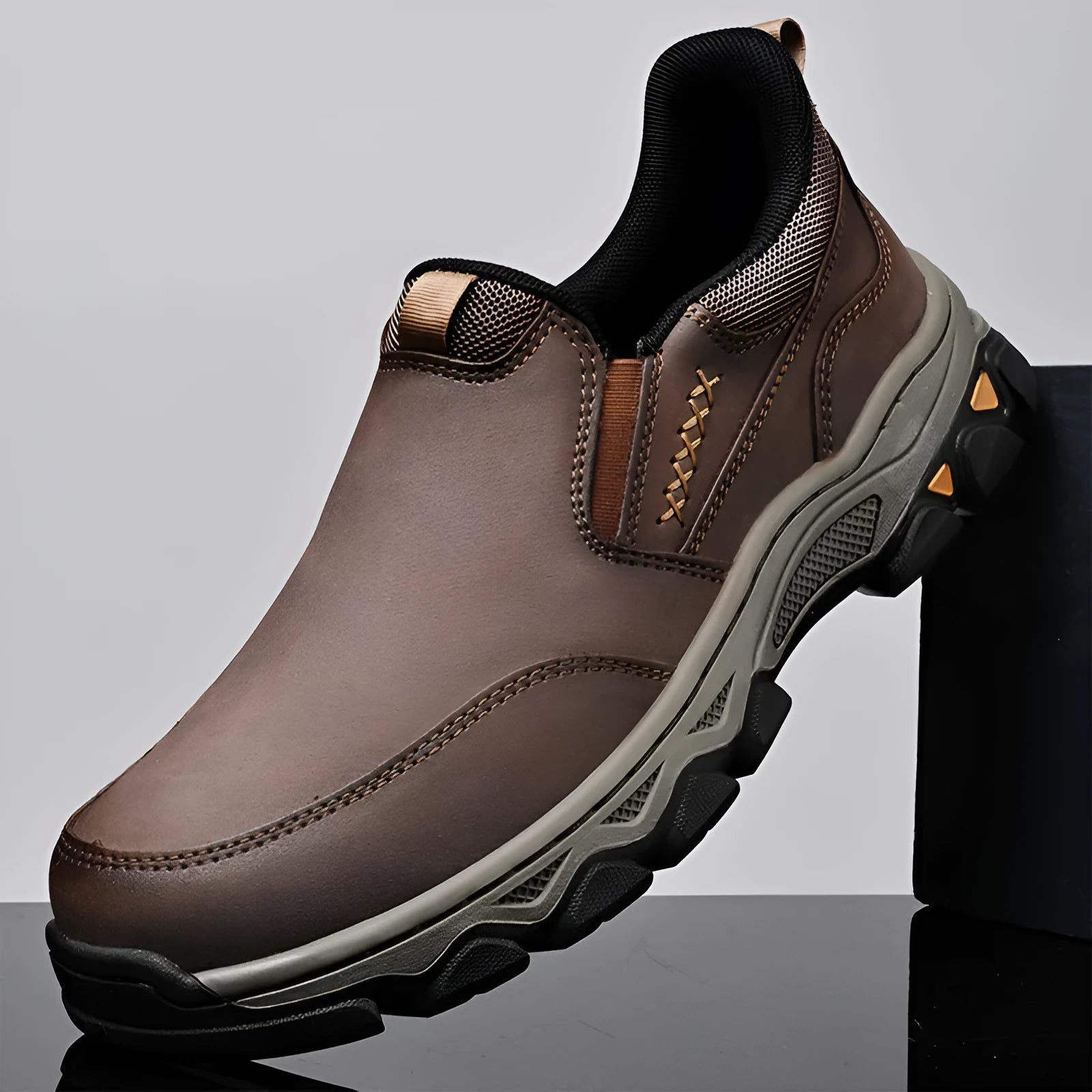 Men's casual flat heel shoes with round toe and rubber sole in black, brown, or grey