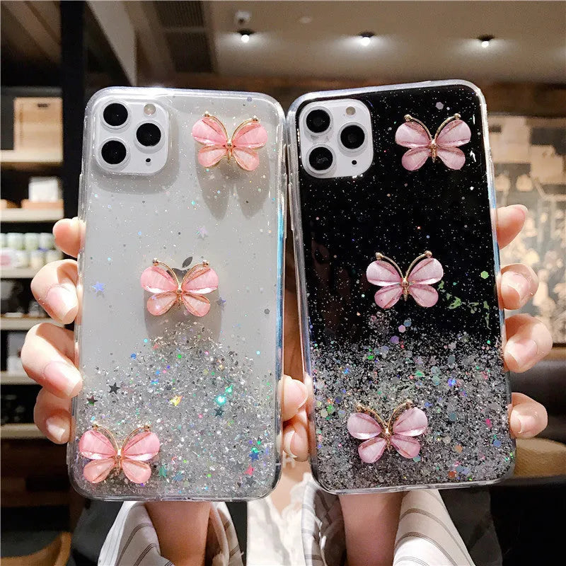 Butterfly glitter starry sky TPU phone case for iPhone with drop protection in transparent blue