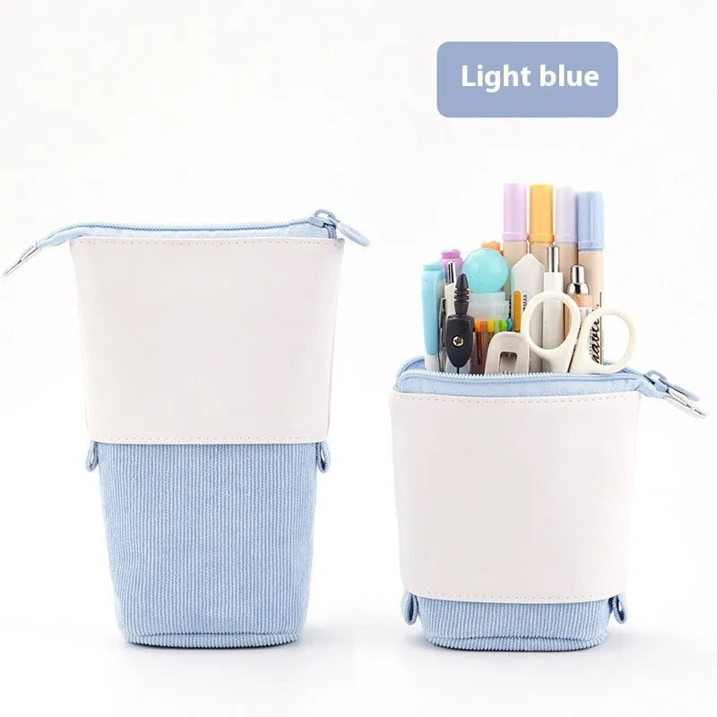 Purple PU corduroy drop-down telescopic stationery case in Korean style, open to show interior.