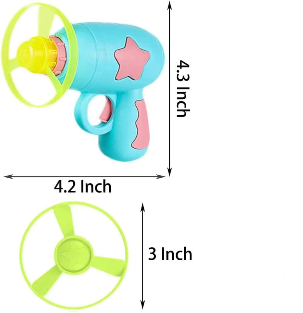 Blue or pink plastic cat toy gun launcher with spinning Frisbee for indoor cat play.