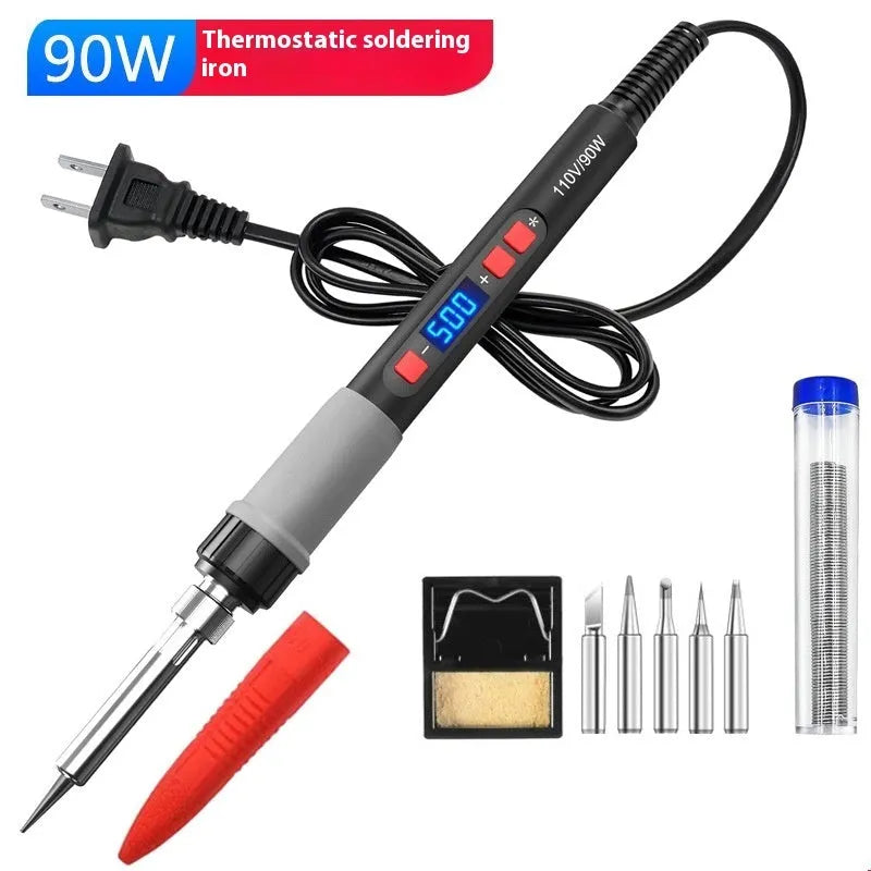 Grey 90W electric soldering iron with ceramic heating core and five soldering tips