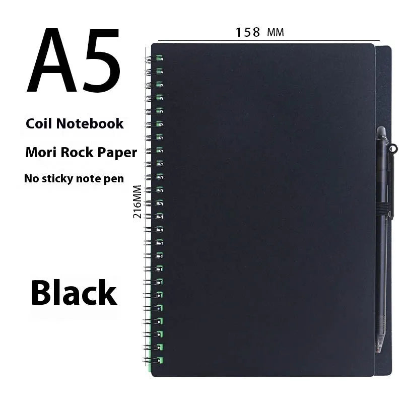 Erasable coil notebook with customisable cover options on waterproof rock stone paper, shown with pen.