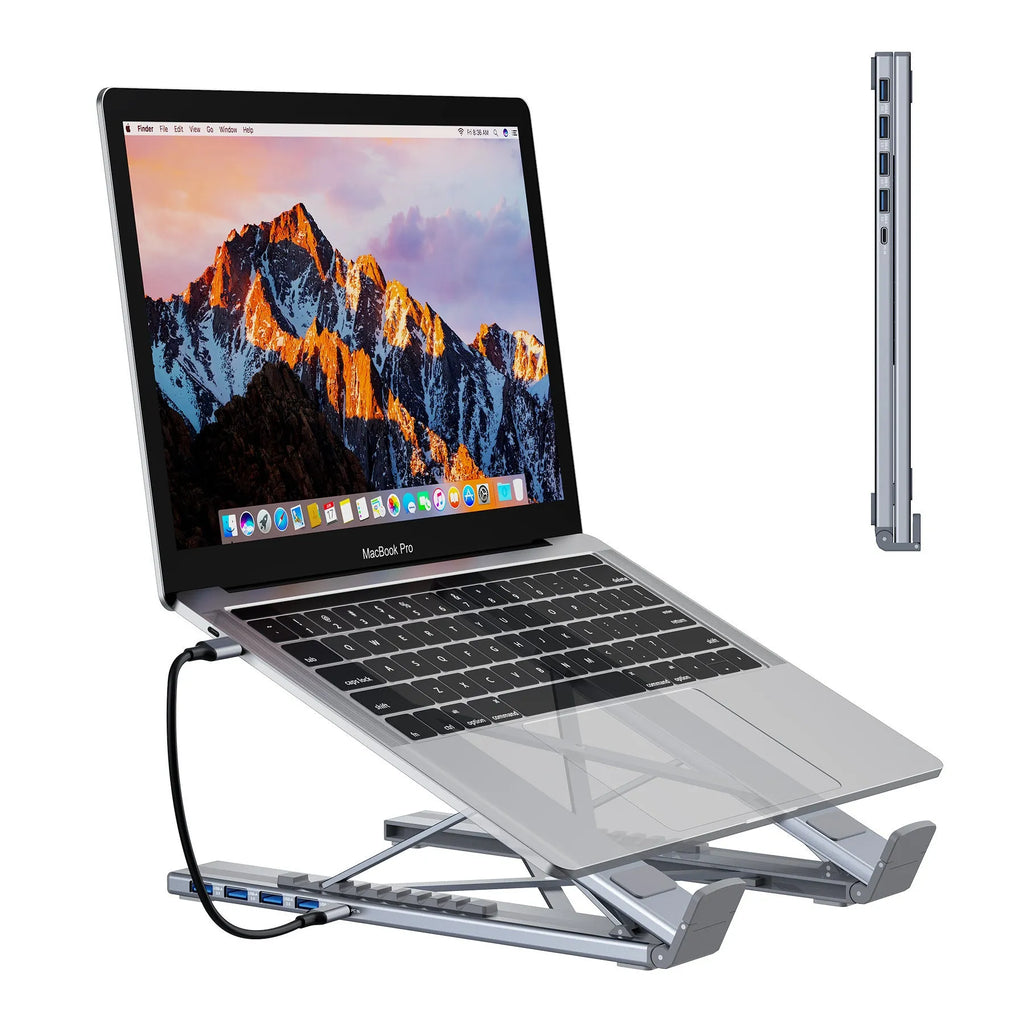 Silver aluminium folding laptop stand with integrated multi-port docking hub and HDMI port