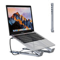 Silver aluminium folding laptop stand with integrated multi-port docking hub and HDMI port