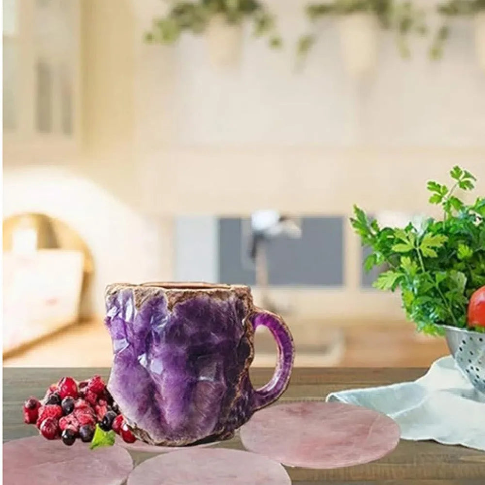 Clear resin coffee mug with handle showing internal crystal structure, 400ml capacity.