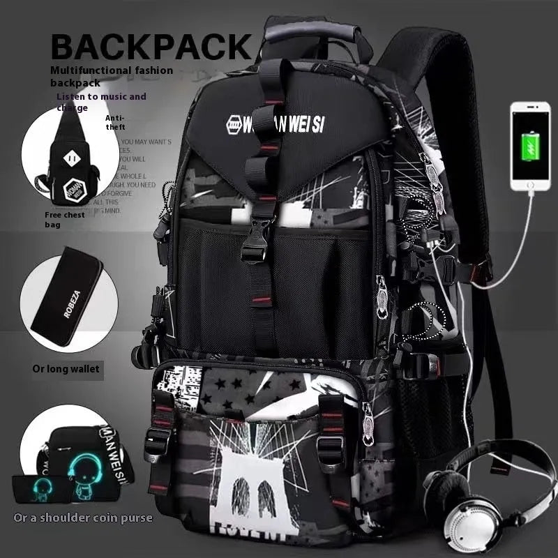 Men's black waterproof Oxford cloth hiking backpack with 56-75 litre capacity