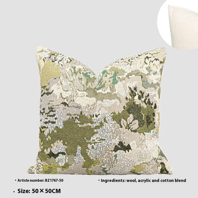 Antique green feather velvet pillowcase with abstract floral embroidery, shown in 50x50cm square size.