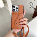 Lychee pattern crossbody phone case with card holder in Brown for iPhone 14