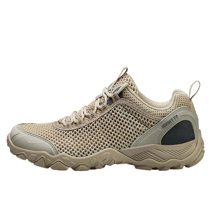 Breathable lightweight non-slip outdoor climbing boots with leather mesh upper and MD sole in sand colour for men