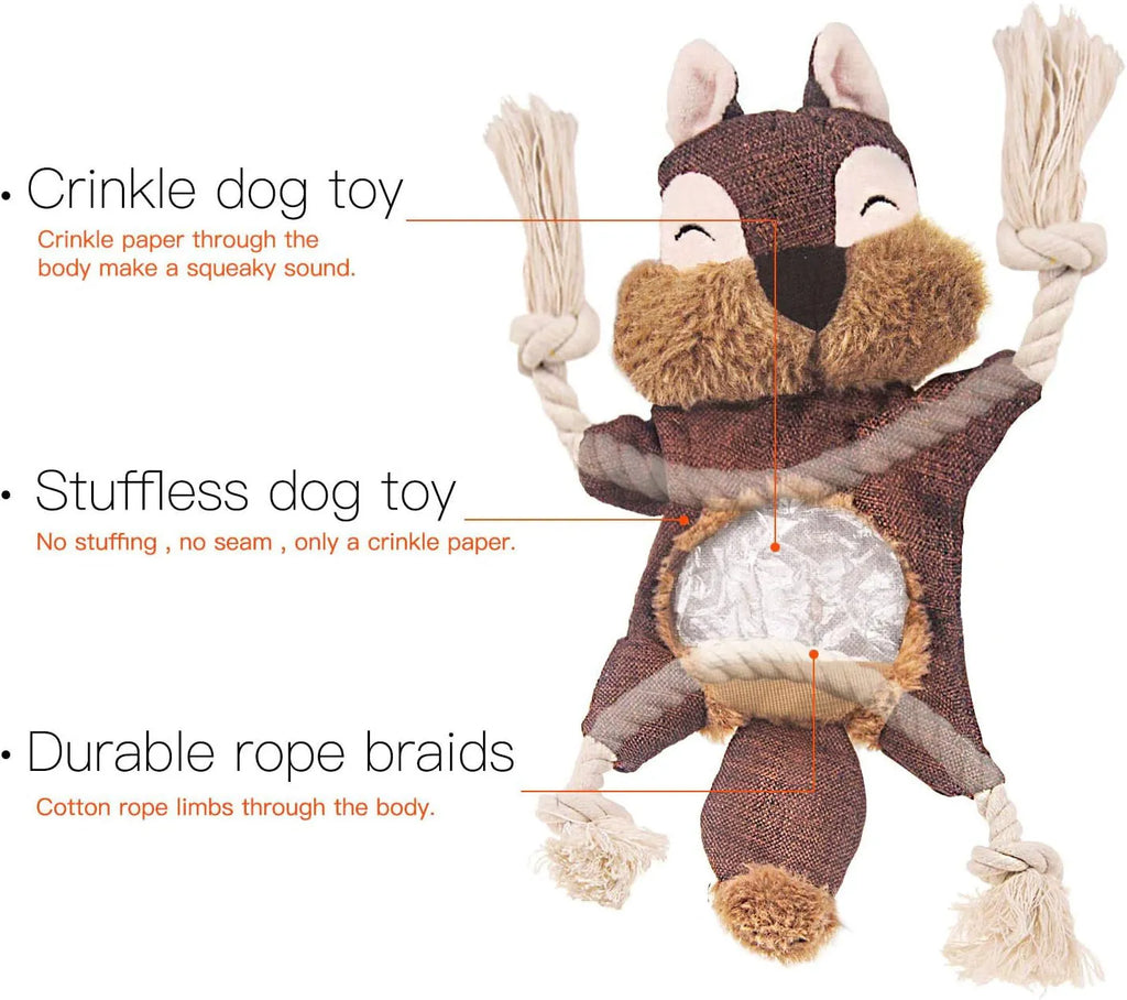 Brown fox dog toy with embroidered eyes, cotton rope arms and legs, squeaker in head