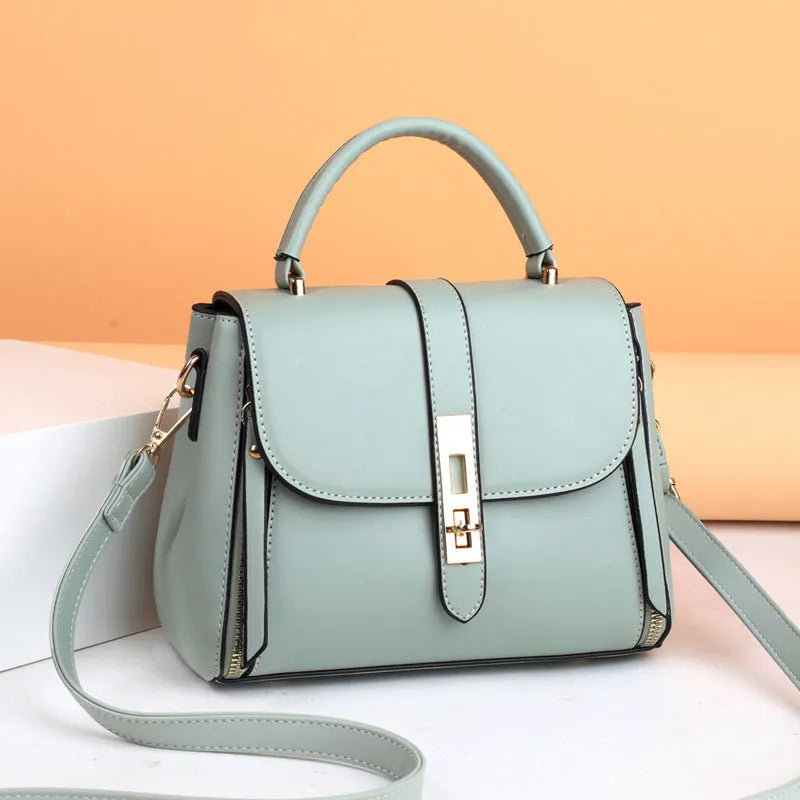 Women's soft leather square shoulder bag in black, red, green, or blue with single strap