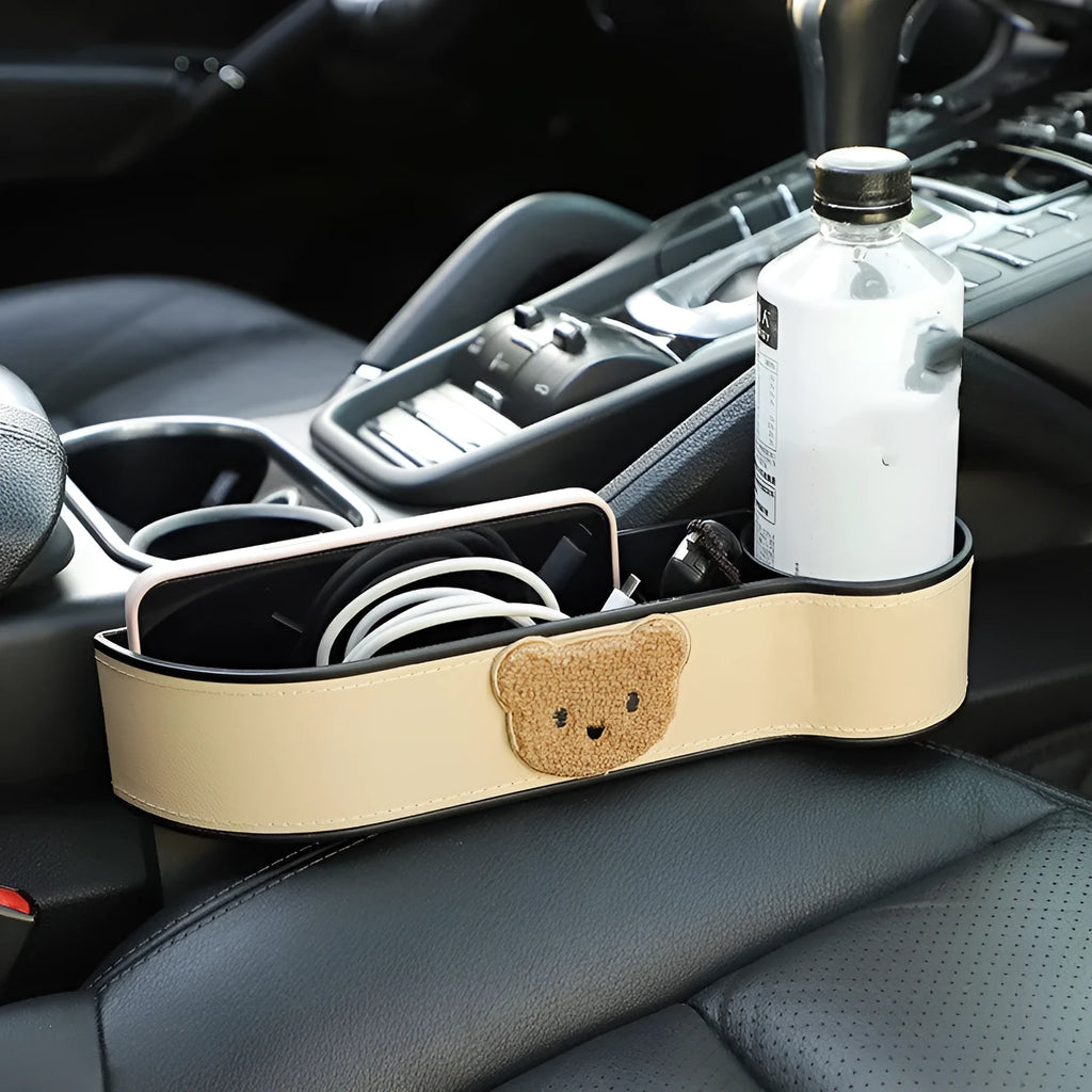 Leather car seat gap storage box with cartoon bear design for holding phone and keys