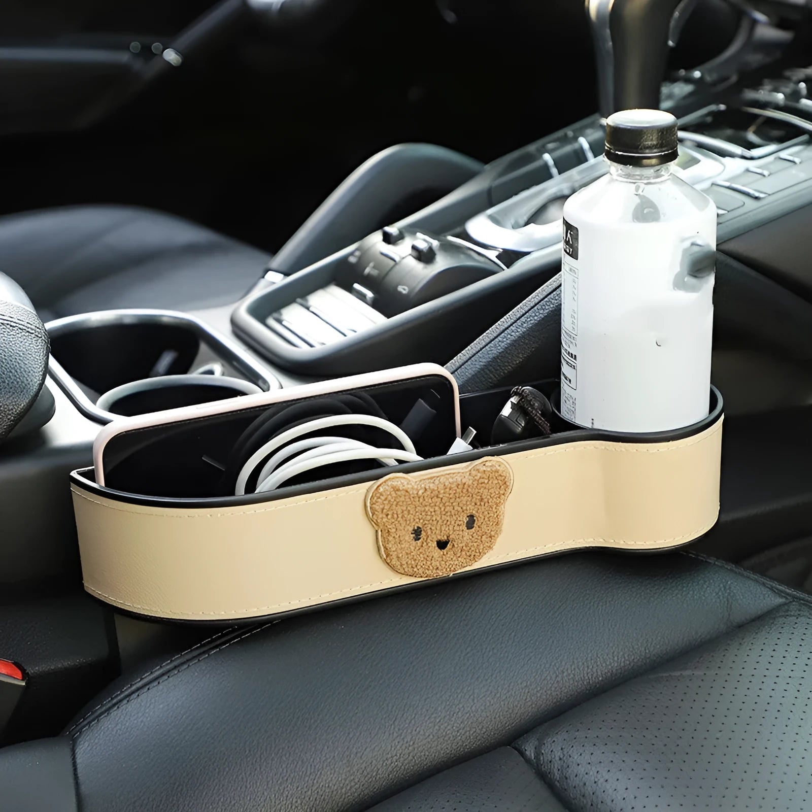 Leather car seat gap storage box with cartoon bear design for holding phone and keys
