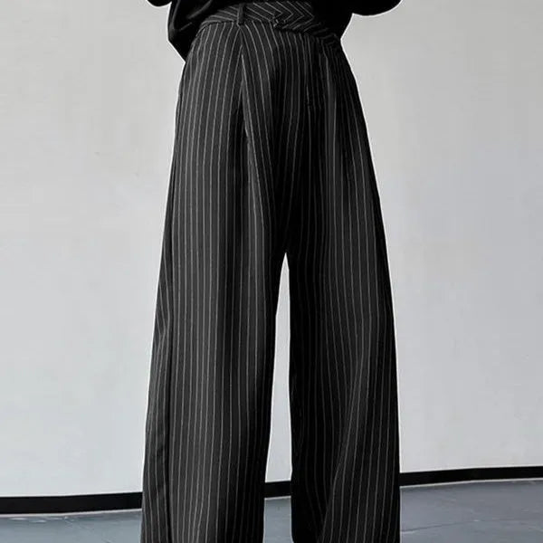 Black men's casual trousers with vertical stripes and pleated detailing