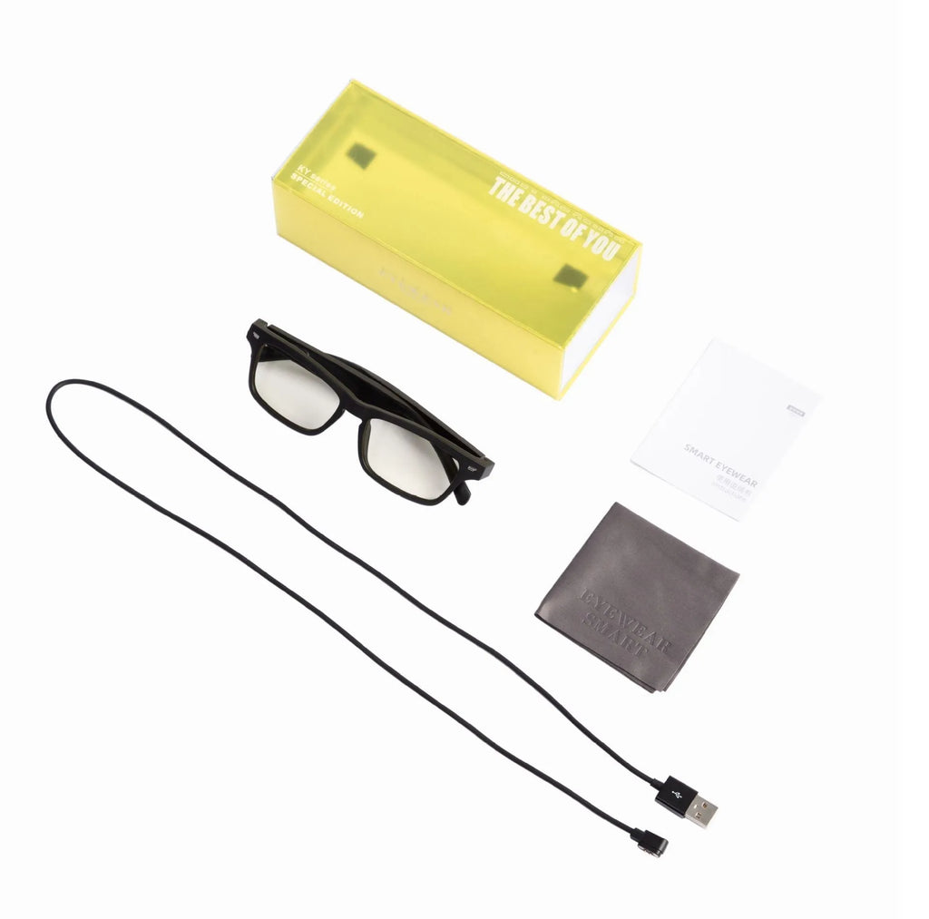 Smart glasses with a PC+ABS frame featuring semi-open ear speakers and polarised, anti-blue light lenses.