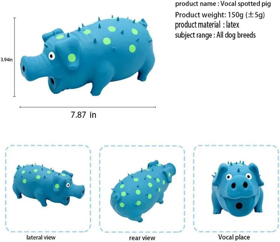 Blue pig-shaped latex dog chew toy with squeaker for aggressive chewers and teeth cleaning
