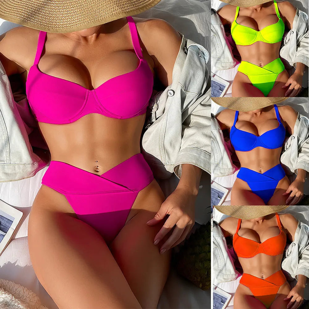 Solid colour sleeveless bikini swimsuit in nylon fabric for swimming sports