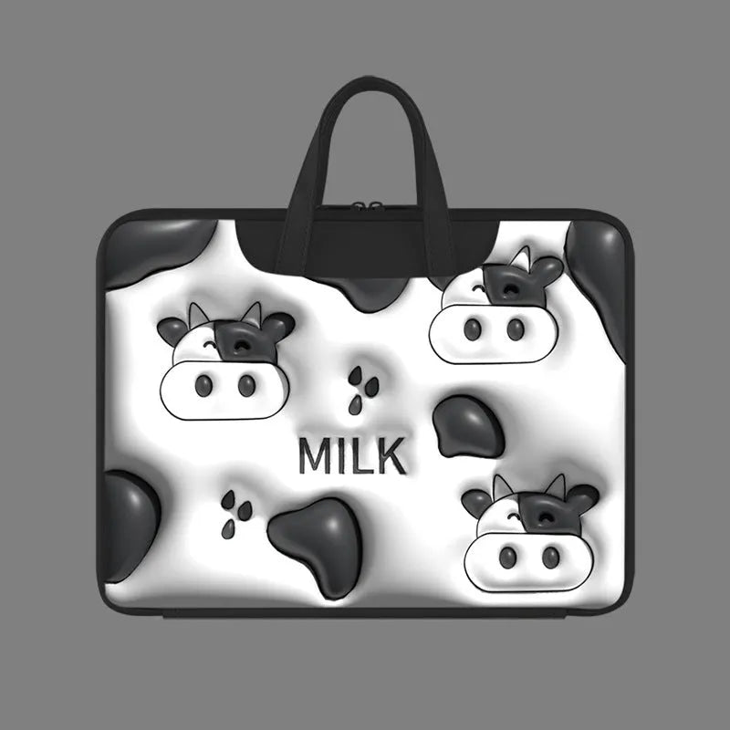 Inflatable PU leather laptop bag in a character design, shown hanging from a suitcase handle.