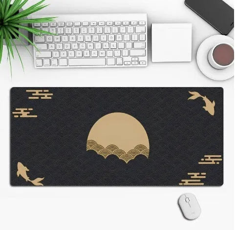 Large custom anime print gaming mouse pad on a desk with keyboard and mouse.