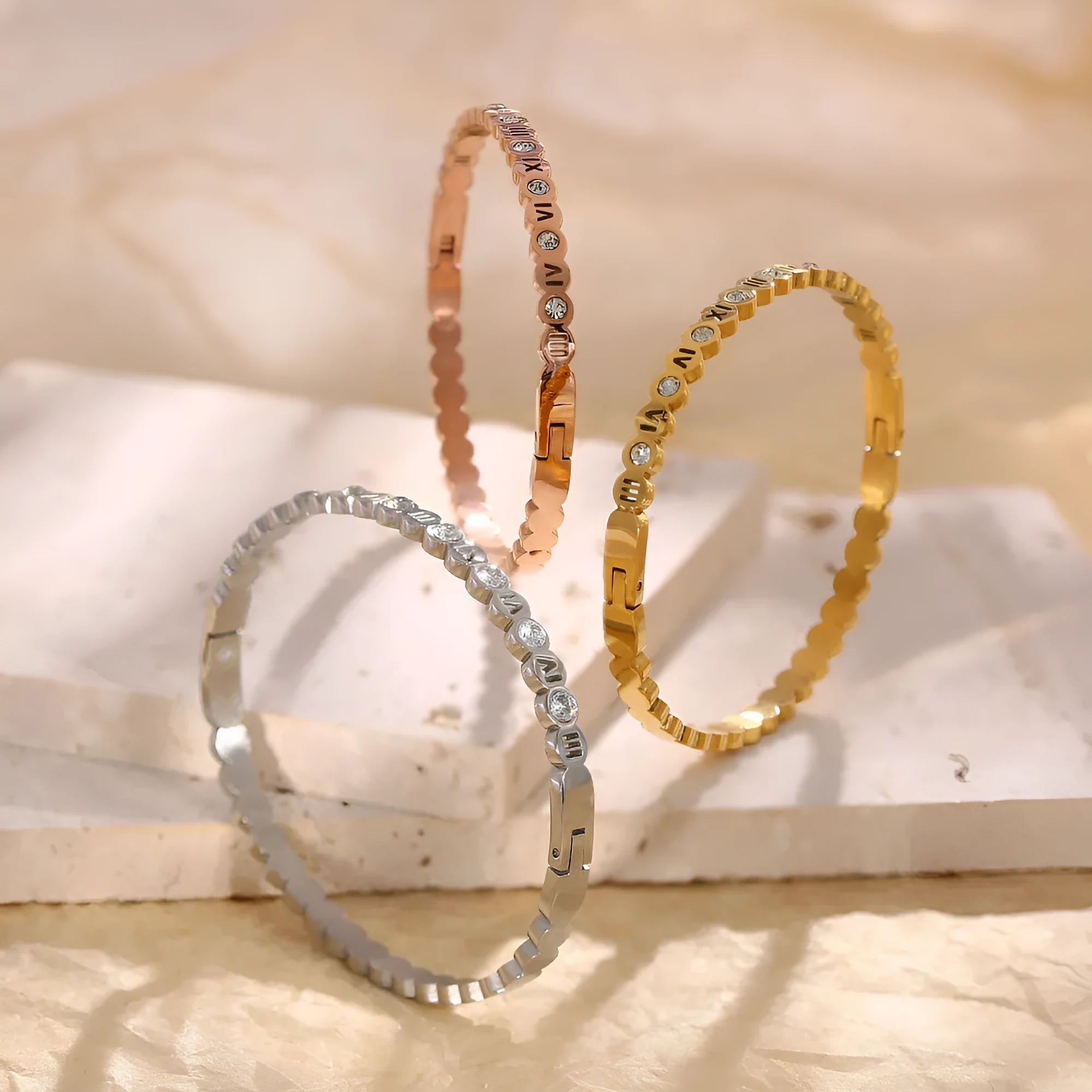 Korean style titanium steel bracelet with number charm in gold, rose gold or steel colour