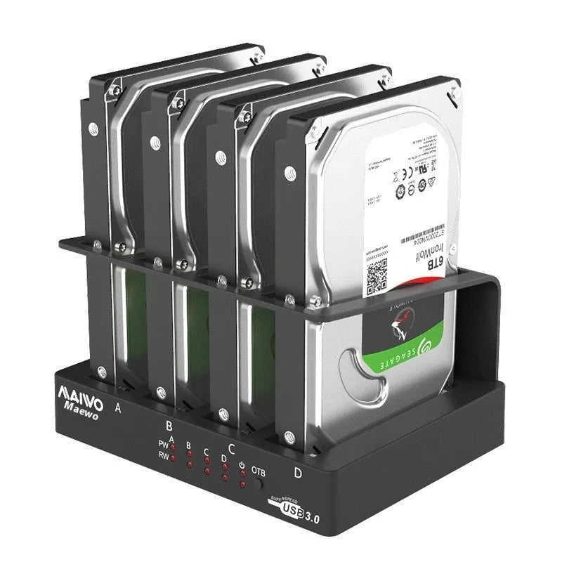 Four-bay external hard drive enclosure for 2.5-inch drives with cables and brackets