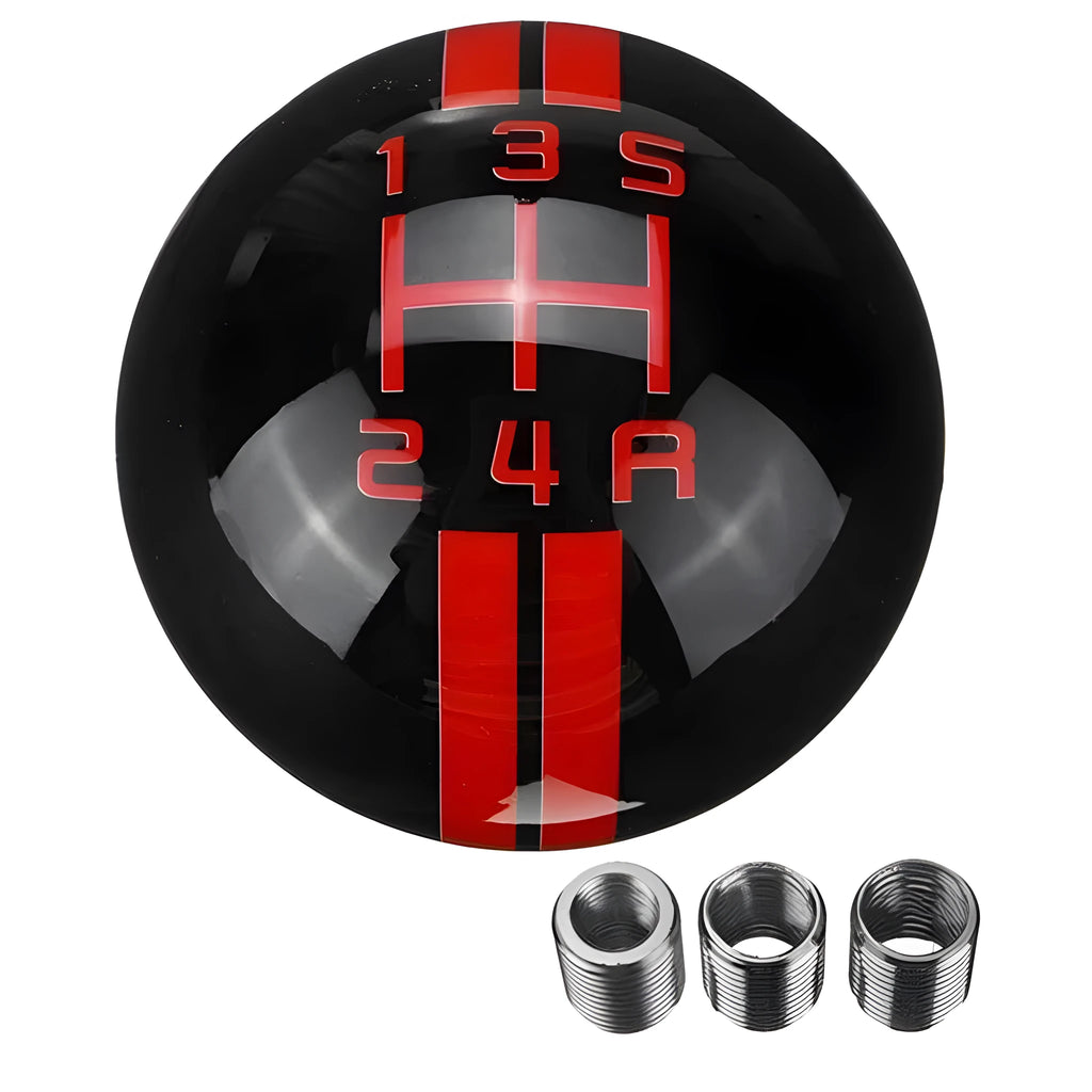 Black acrylic car gear shift knob showing 5-speed pattern with white lettering, next to three screw accessories.