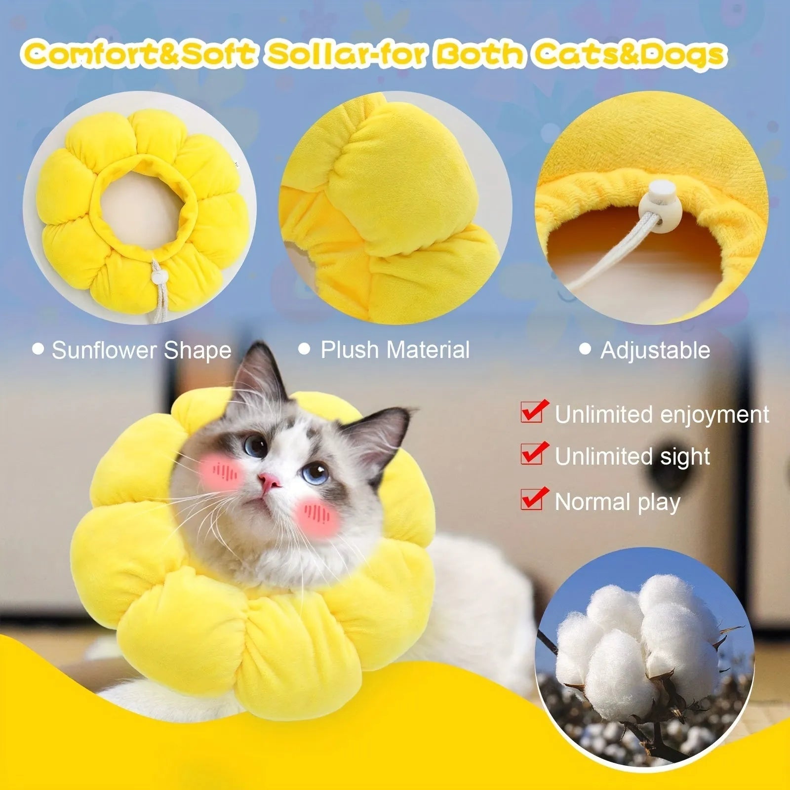 Cute sunflower-shaped adjustable recovery collar for small pets, soft cotton material