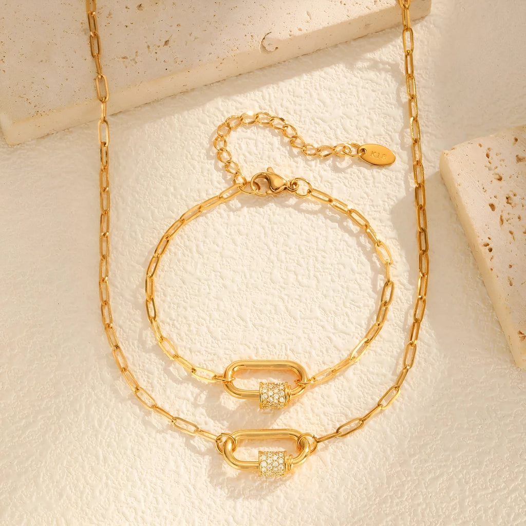 Stainless steel small square chain zircon oval pendant necklace for women in gold colour