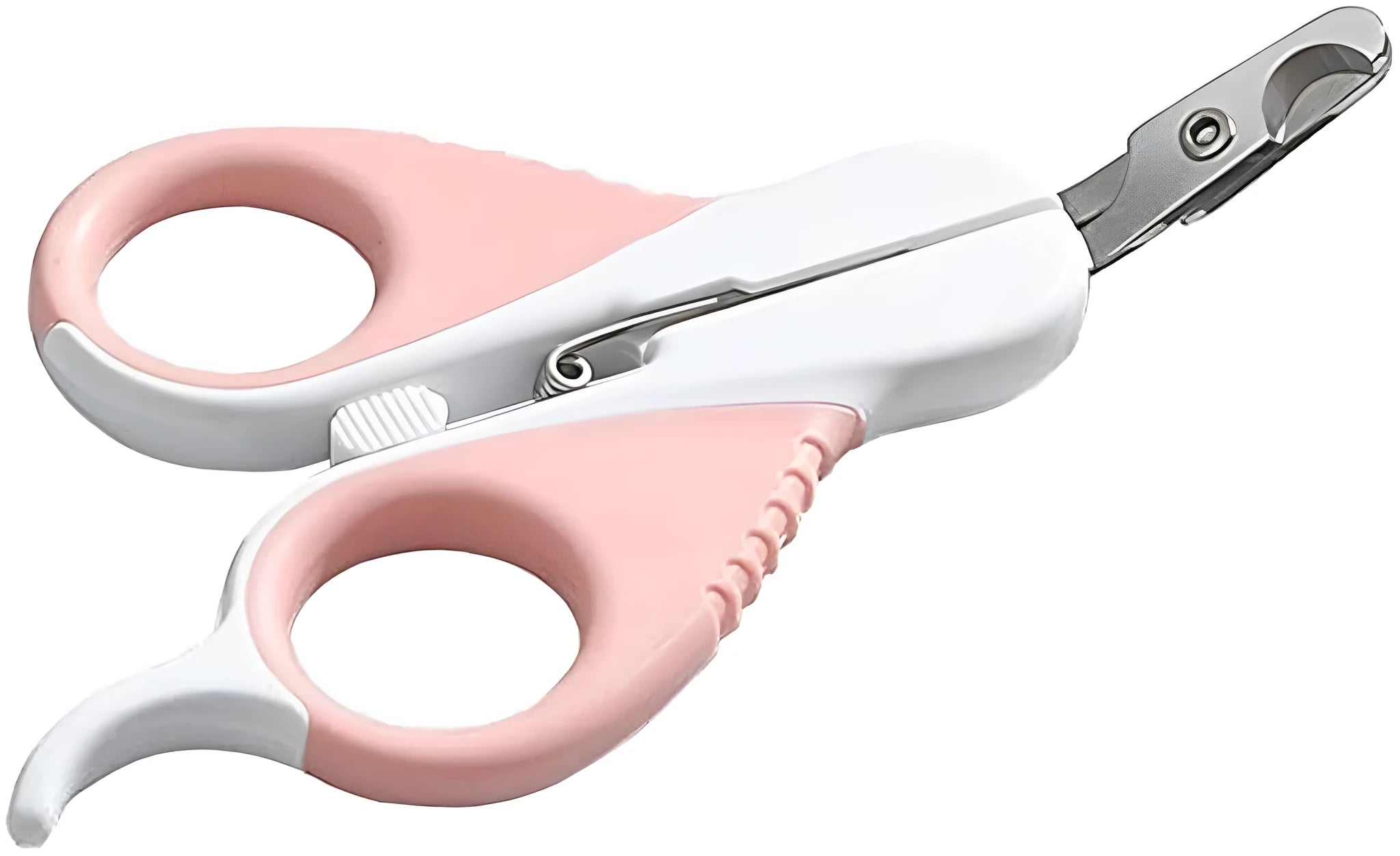 Grey and pink stainless steel pet nail clippers with angled blade and safety lock on handle