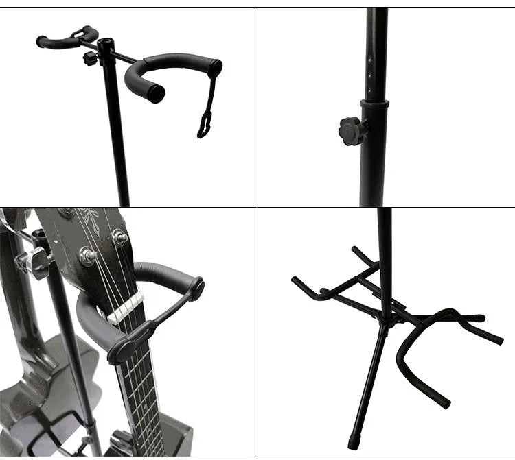 Black vertical double-headed adjustable iron guitar stand on a floor