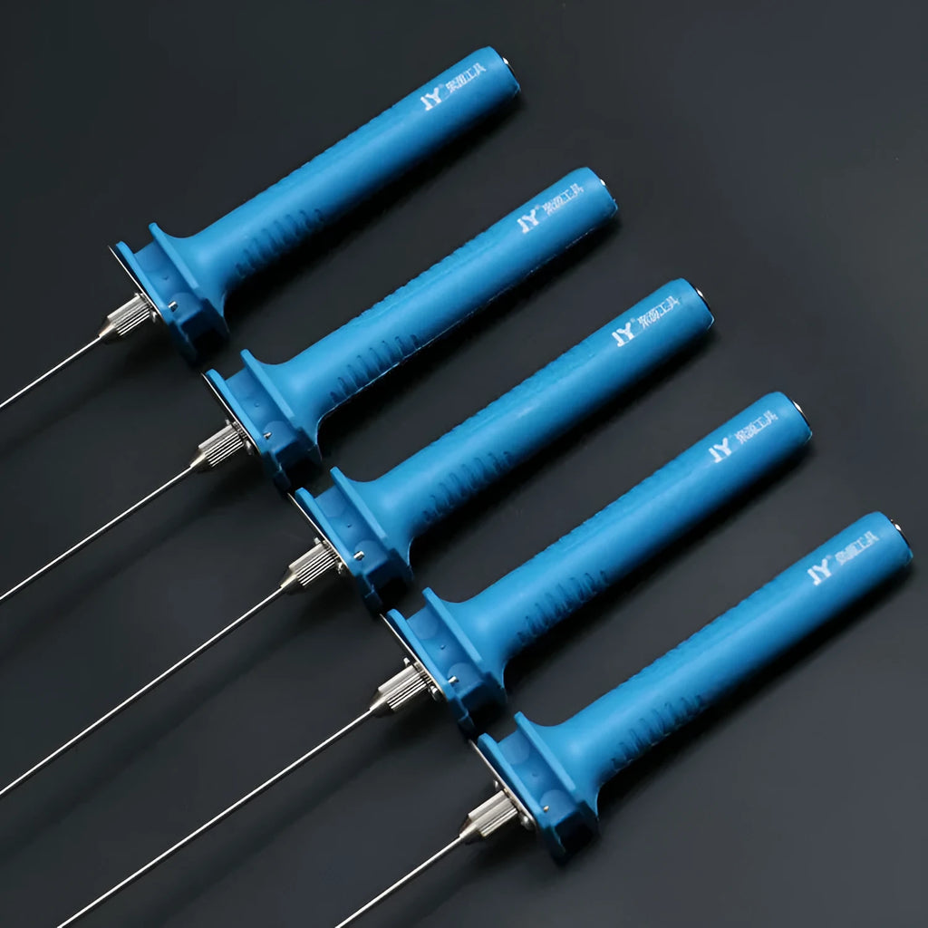 Blue plastic-handled electric hot knife cutter pen for foam with multiple blade sizes and power adapter
