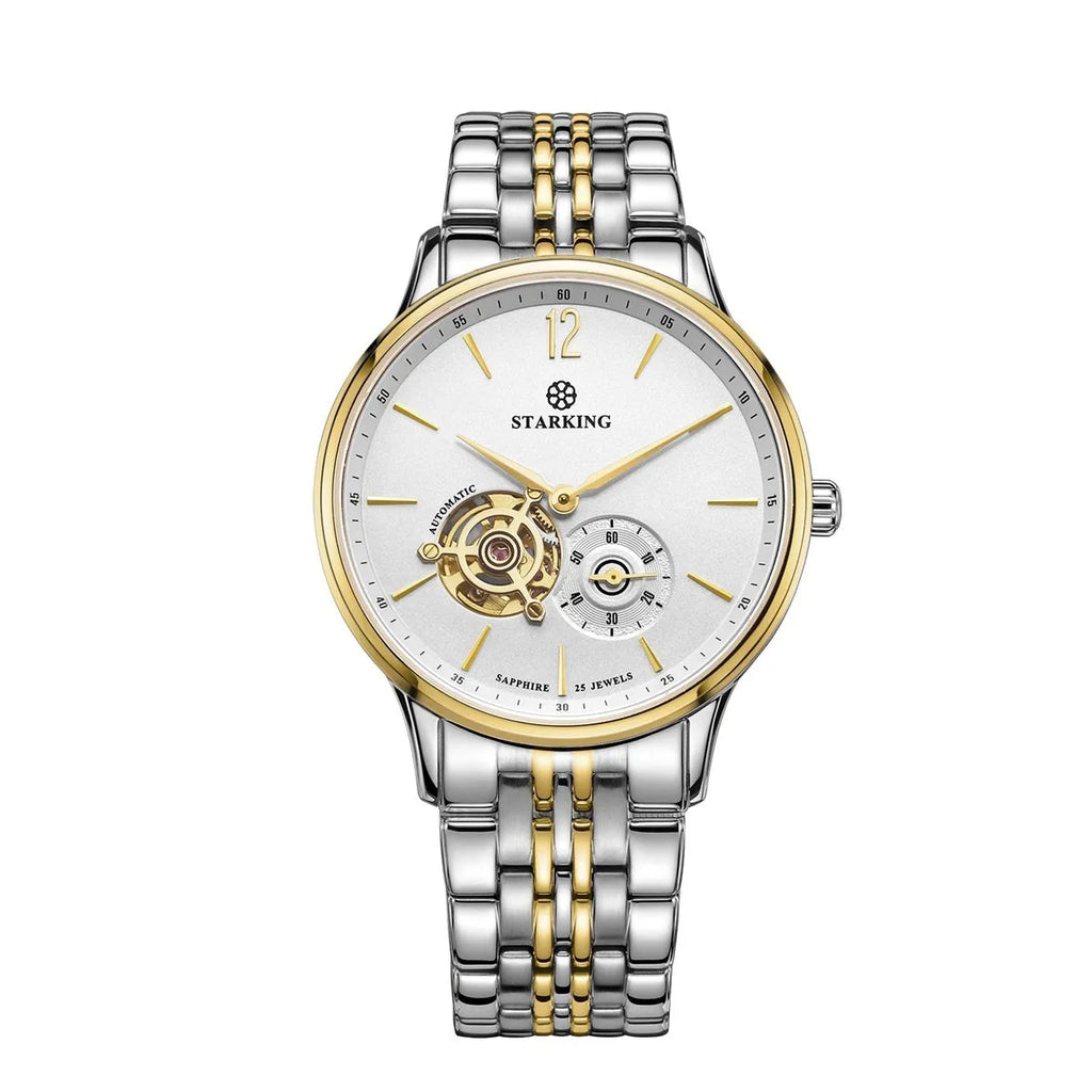 Automatic mechanical men's business watch with hollow three-needle dial on brown leather strap